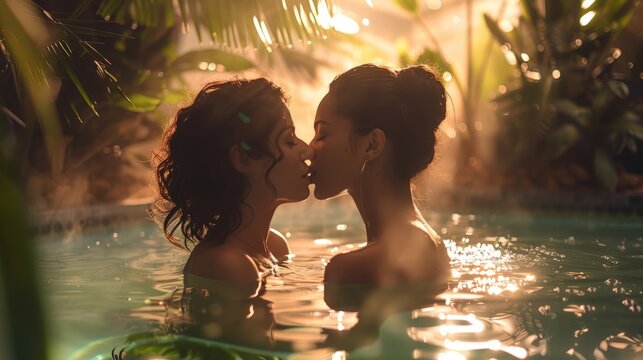 Lgbtq. Romantic poolside kiss between a lesbian couple with tropical plants in soft focus