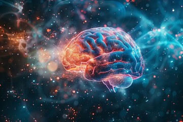 Conceptual image of a glowing brain with cosmic elements, representing artificial intelligence and cognitive science