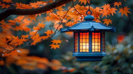Lantern glowing warmly in the evening, surrounded by autumn foliage.