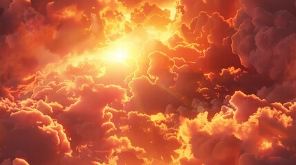  captivating sunset scene with the sun's rays casting a warm glow on fluffy clouds, creating a mesmerizing spectacle of light and color. 