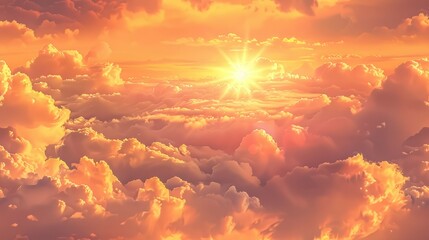  captivating sunset scene with the sun's rays casting a warm glow on fluffy clouds, creating a mesmerizing spectacle of light and color. 