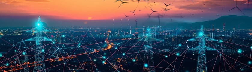 Fototapeta premium Concept Sustainable Energy : Driven Power Grid at Twilight Sustainable Energy, IoT Technology.