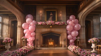 Elegant Ballroom Decorated with Pink Balloons and Floral Arrangements