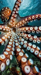 Fototapeta premium Octopus, tentacles, master of disguise in underwater world, mimicking textures of ocean floor, photography, backlighting, chromatic aberration, Point-of-view shot