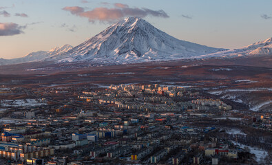Kamchatka region, view from Mishennaya Hill to the city and Koryaksky volcano