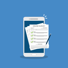 Online survey. Customer feedback. Checklist browser window on a mobile phone . Choice, survey concepts.	