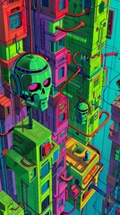 Sentient robots, chrome bodies, bustling cityscape of neon lights, humans living alongside them, advanced technology, Close-up shot