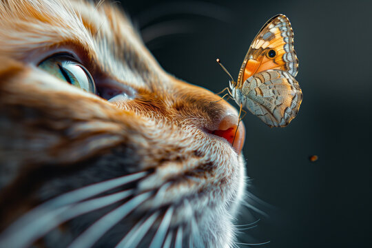 Close-up of a cat examining a butterfly resting on its nose