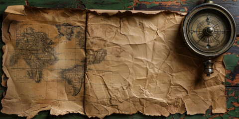 A compass is on a piece of paper with a map of the world