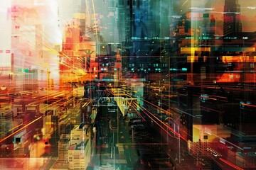 Dynamic and vibrant abstract representation of digital connections across a cityscape