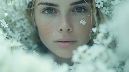 Serene and introspective portrait of a woman surrounded by white blossoms, embodying tranquility and natural beauty.