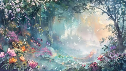 floral fairytale forest with a variety of colorful flowers, including pink, purple, orange, and red blooms, as well as a white bird perched on a tree