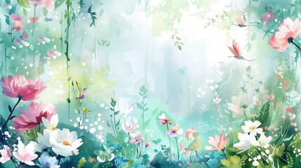 floral fairytale wallpaper featuring a variety of pink, white, and red flowers, with a small bird perched on a branch
