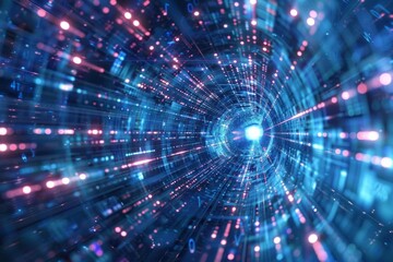 Futuristic tunnel visualization depicting data traveling at high speeds through a digital landscape