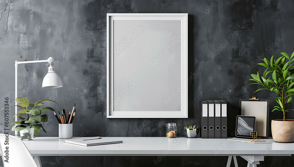 Poster aesthetic appeal workspace with a white frame mockup, adding a touch of sophistication to the office