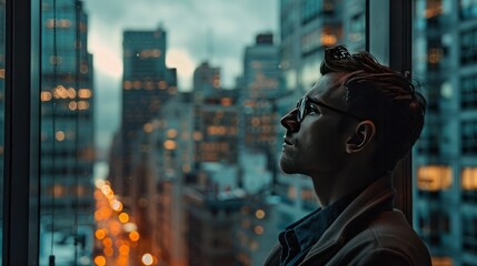 Fototapeta premium focused entrepreneur with a visionary look, gazing out a window at a bustling cityscape in the most sought-after stock photo company. 