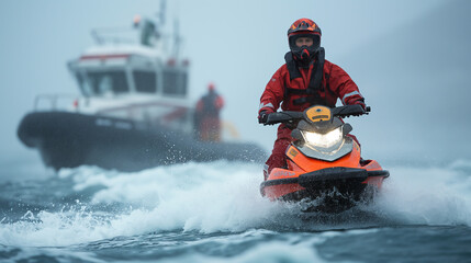 Fototapeta premium Fast Water Sports: This image shows a crew on a hard rubber boat battling through open waters. ,Rescue missions treat emergencies on maritime waters. ,Search and rescue operations
