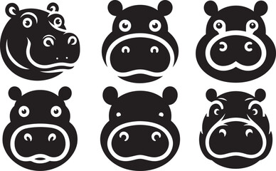 Hippopotamus head set vector illustration. Hippo face silhouette design.