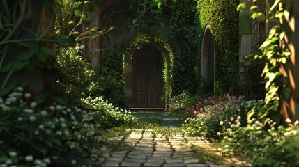Fototapeta premium magical garden hidden behind ivy-covered walls, its winding paths leading to secluded alcoves and hidden reading spots. I wander through the lush foliage, 