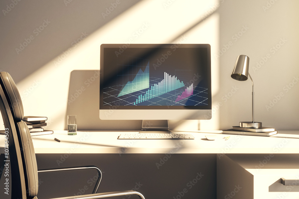 Aufkleber modern computer monitor with abstract creative financial chart, research and strategy concept. 3d re