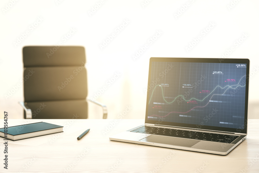 Poster Modern computer screen with creative statistics data hologram, stats and analytics concept. 3D Rendering