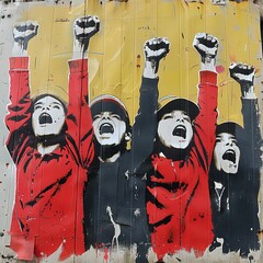 Graffiti art of children in red raising fists against a yellow background