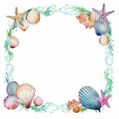 sea shell-themed frame or border for photos and text. watercolor illustration, Perfect for nursery art, simple clipart, single object, white color background.