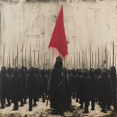 An army under a red flag, depicted in a somber, monochrome tone with a dramatic red accent, symbolizing struggle and defiance.