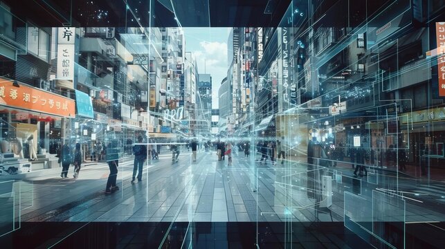 Multiple digital layers merging with physical reality, showcasing the intersection of virtual and actual environments