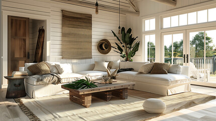 a bright modern living room interior with a white sofa, wooden coffee table, decorative items,...