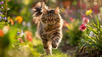 A beautiful long-haired tabby cat walks elegantly through a vibrant, sunlit flower garden.