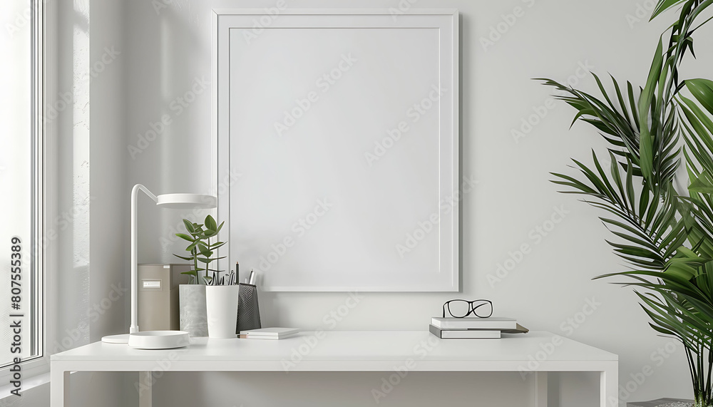 Poster workspace atmosphere with a white frame mockup, adding a touch of sophistication to the office decor