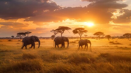 Obraz premium An enchanting scene captures a herd of elephants wandering through the African savannah, illuminated by the warm light of a setting sun.