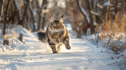 A majestic long-haired cat strides confidently through a snowy forest, with sunlight casting a warm glow on the wintry scene.
