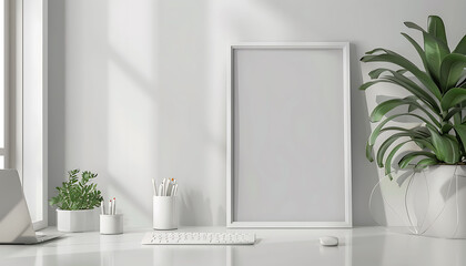 workspace atmosphere with a white frame mockup, adding a touch of sophistication to the office decoration