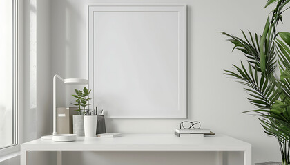 Fototapeta premium workspace atmosphere with a white frame mockup, adding a touch of sophistication to the office decoration