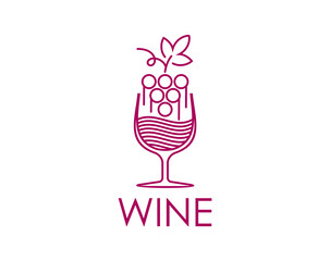Grape wine icon of wineglass for winery and winemaking, vector symbol. Wine glass with grape vine icon for vineyard or bottle product label of alcohol drink and wine beverage company sign