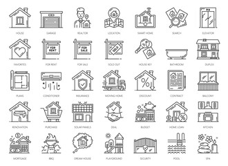 Real estate icons set. Mortgage and rent house apartment, insurance and interior vector symbols. Thin line home buildings, keys, estate agent and contract document, plan, location map and handshake