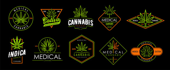 Cannabis marijuana icons, medical cbd, weed leaf symbols. Vector green plants of cannabis or hemp isolated badges set of organic herbal drugs. Marijuana, sativa or indica signs, pharmacy themes