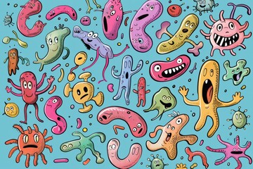 Naklejka premium Cartoon cute doodles of microscopic amoebas extending their pseudopods to explore their surroundings, their blob-like shapes and, Generative AI