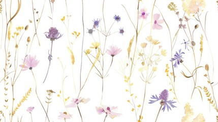   seamless pattern of delicate wildflowers in pastel hues, reminiscent of a watercolor painting.,  