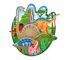 Paper cut dinosaur footprint with dino characters in tropical forest. Cartoon cute triceratops, stegosaurus and baby dinosaur in egg, funny brontosaurus and brachiosaurus, prehistoric nature landscape