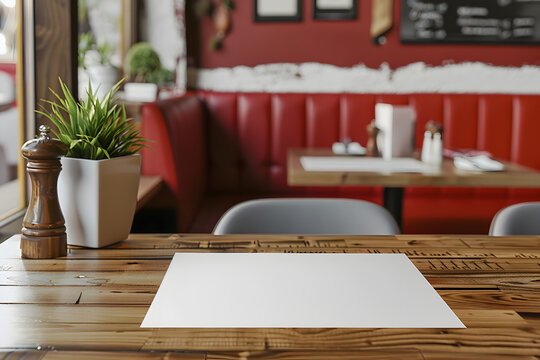 white paper placemat mock-up in a empty wood table, in background red and white decoration restaurant