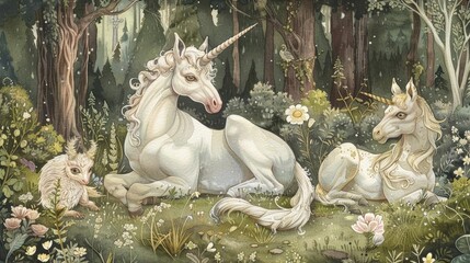 magical menagerie of unicorns and horses amidst a forest, featuring a white horse with a long mane, a white horse with a long tail, and a white horse with a