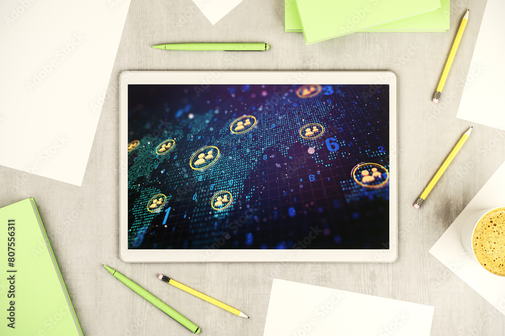 Leinwandbilder top view of modern digital tablet screen with social network icons concept and world map. networking