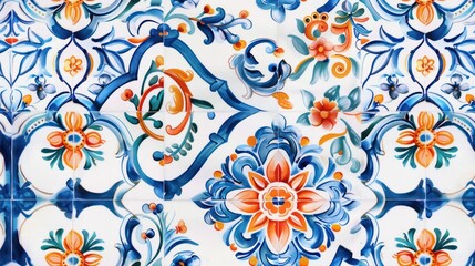 Fototapeta premium vintage Portuguese azulejo tiles, depicting traditional hand-painted motifs and vibrant hues. 