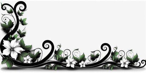 Elegant floral border design with white flowers and swirling green leaves creating a sophisticated frame on a black background