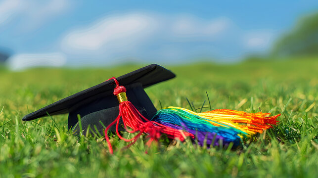 A graduation cap with a rainbow tassel sits on a grassy field. The cap is black and red, and the tassel is multicolored. Concept of accomplishment and pride