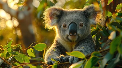 Koala Sitting in Tree With Leaves