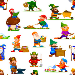 Gnomes and dwarf characters seamless pattern with cartoon fairy tale personages, vector background. Kids pattern of gnome village workers, farmer and miner with spade, dwarf woodworker and lumberjack